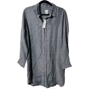 Chico’s NWT Blend Maxi Tunic Shirt 8 Womens Gray Button Up $54.99 Silk Blend B20